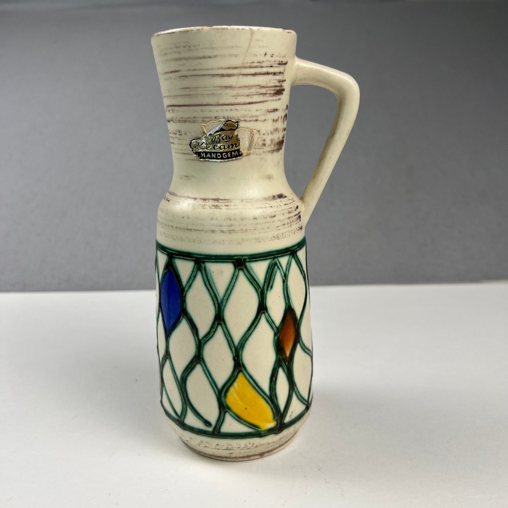 Vintage Bay Keramik Pitcher Vase West Germany 8in Harlequin MCM 267-20 Farm
